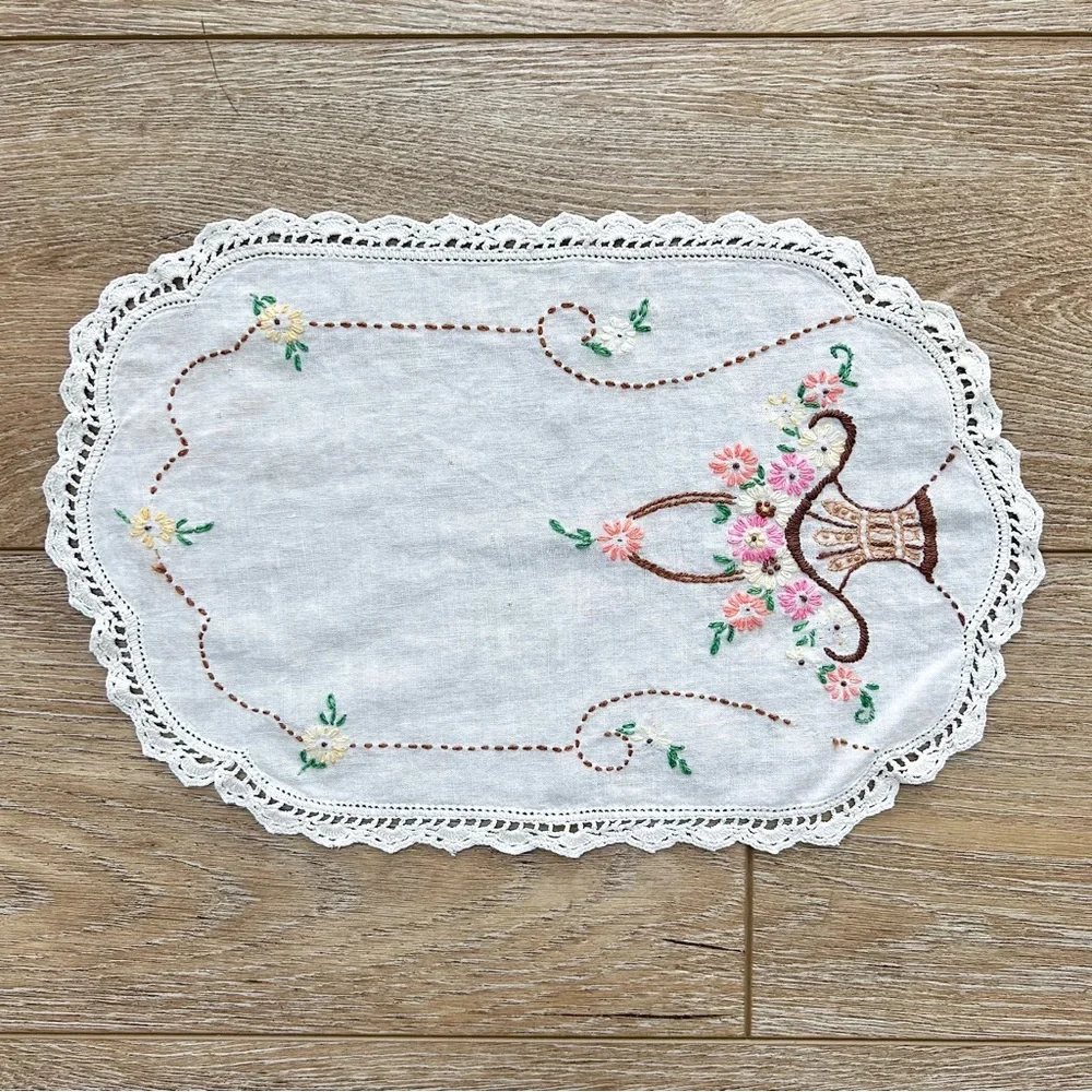 Vintage Embroidery Table Dress Runner‎ Doilies Set of 2 Floral Basket Crochet